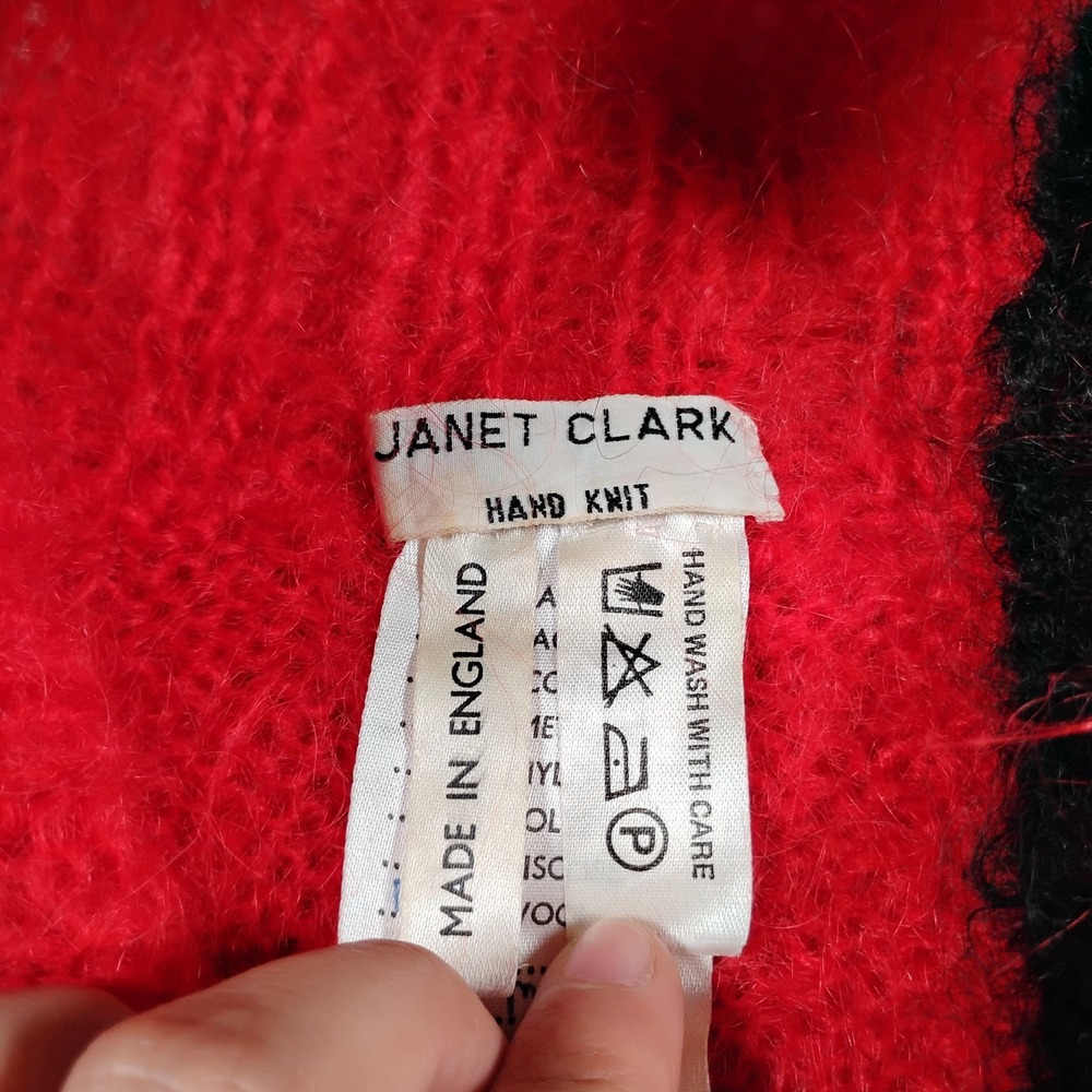 Janet Clark Vintage Hand Knit Mohair Sweater Womens Medium Red Black Fluffy 80s - Picture 3 of 9